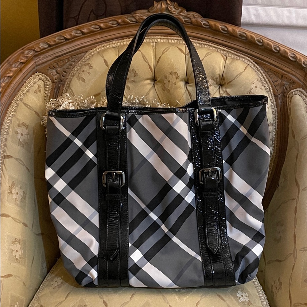 Burberry Black Patent Leather Trim Vinyl Tote